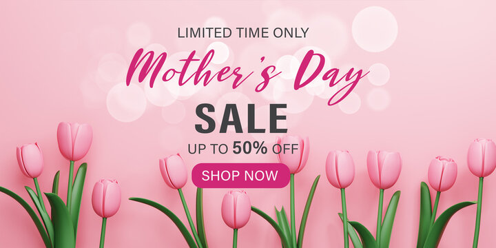 3d Rendering. Mother's Day Sale Banner illustration. pink tulip flower and bokeh on pink background.