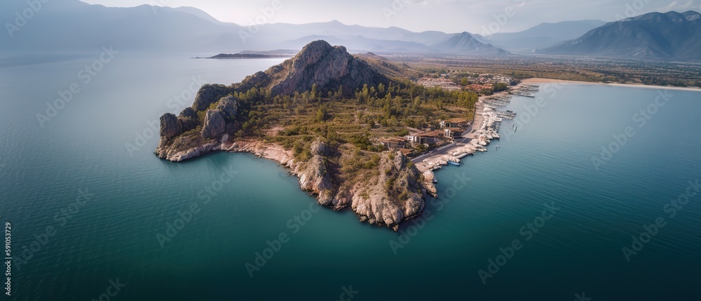 Poster view of the island in the middle of the sea with clear blue water and green palm trees.aerial view. 