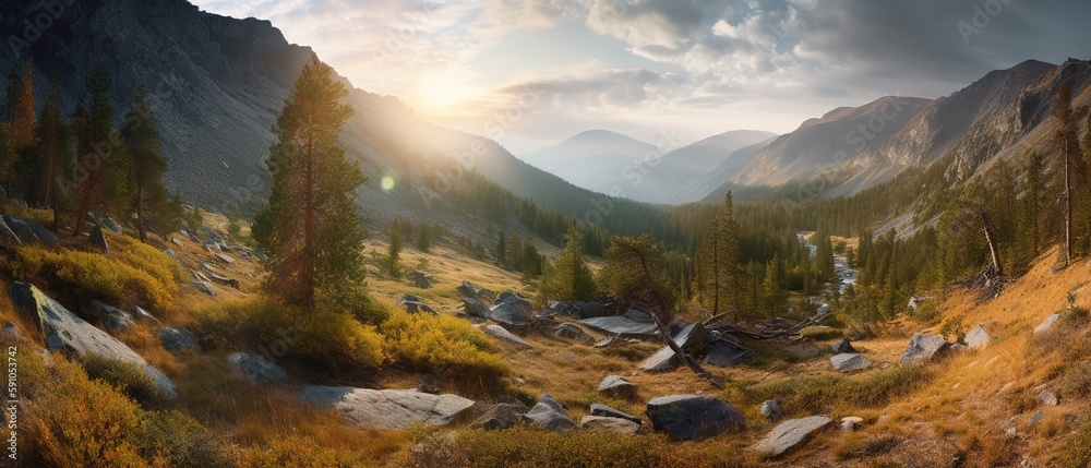 Poster A view from a height of a mountainous area with trees.Aerial view. Panoramic shot. Generative AI