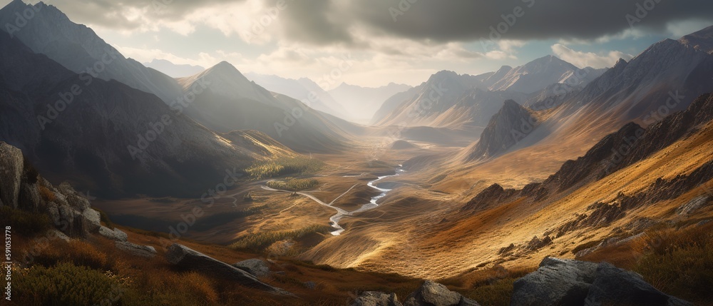 Poster A view from a height of a mountainous area with trees.Aerial view. Panoramic shot. Generative AI