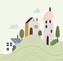 Tiny cozy village houses or cottages in Scandinavian style. Countryside landscape with hills, trees and sky. Small town or suburban, vector print of home for t shirt, poster, card illustration