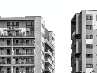 Close up detail with a new built apartment building in Bucharest, Romania. Black and white abstract photography.