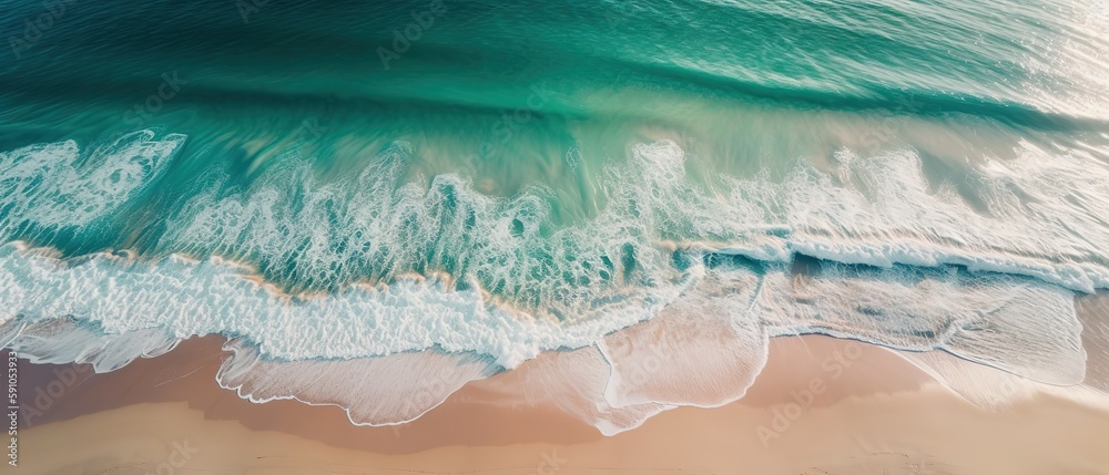Aufkleber top view of a beautiful tropical beach with sea waves.aerial view. panoramic shot. generative ai