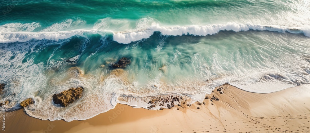 Aufkleber top view of a beautiful tropical beach with sea waves.aerial view. panoramic shot. generative ai