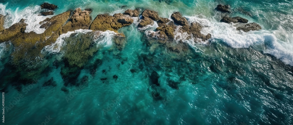 Poster a beautiful picture of a rocky beach with a cliff from above.aerial view. panoramic shot. generative