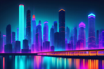 Illustration of a modern neon city on the edge of the coast, made by Ai