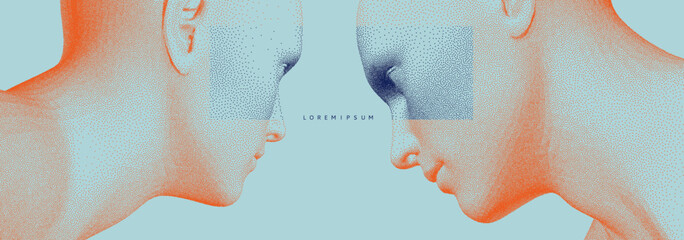 Two opponents facing each other. Conflict. People talk face to face. The concept of rivalry. Abstract digital human head made from dots. 3d vector illustration for banner, poster, cover or brochure.