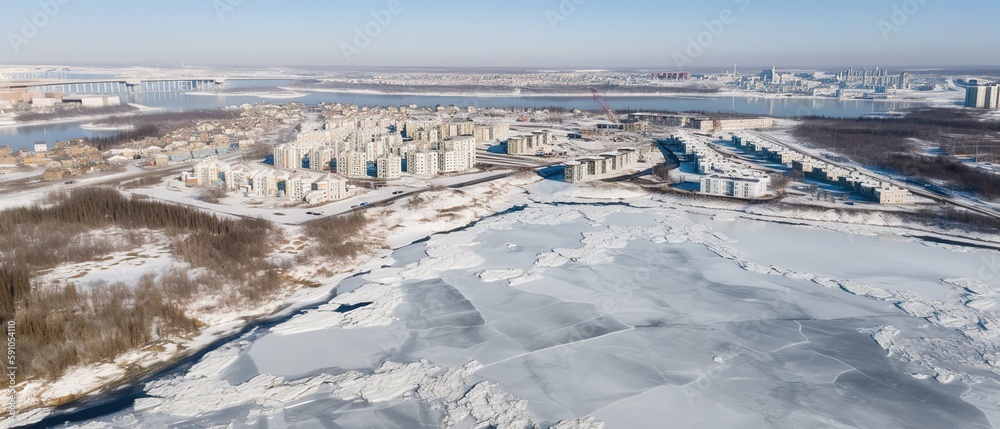 Poster View from the height of the city in the snow .Aerial view. Panoramic shot. Generative AI