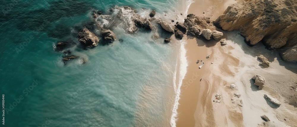 Sticker A beautiful picture of a rocky beach with a cliff from above.Aerial view. Panoramic shot. Generative AI