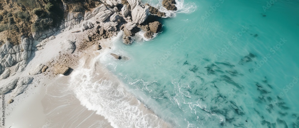 Poster a beautiful picture of a rocky beach with a cliff from above.aerial view. panoramic shot. generative