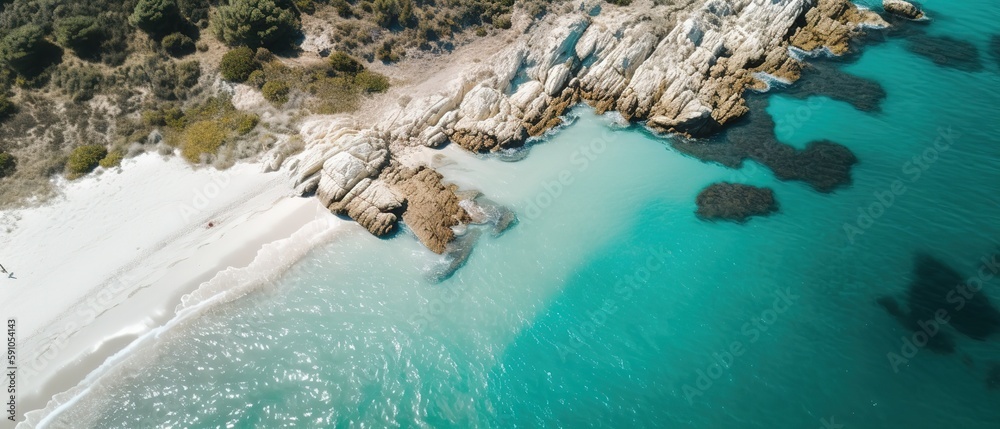 Poster a beautiful picture of a rocky beach with a cliff from above.aerial view. panoramic shot. generative
