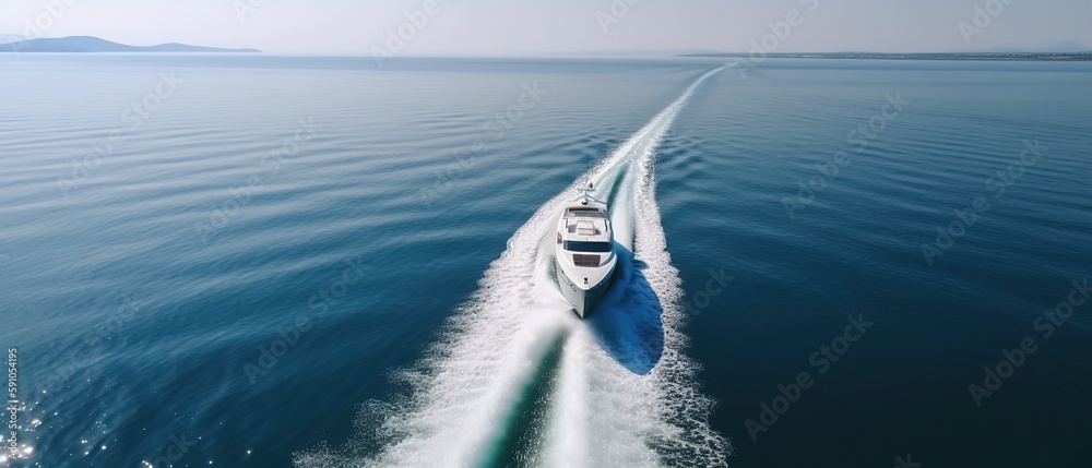 Poster a view from a height of a speedboat in clear blue water at sunset in summer.aerial view. panoramic s