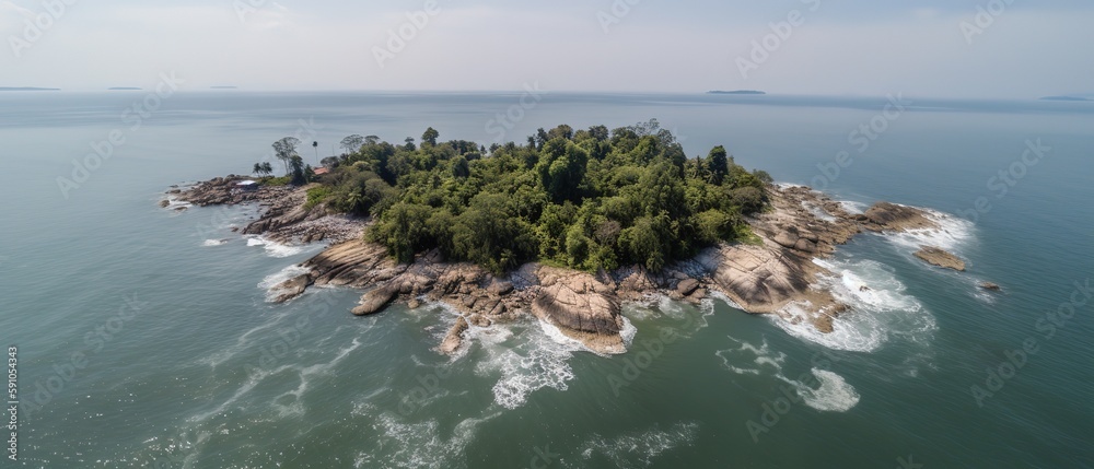 Poster view of the island in the middle of the sea with clear blue water and green palm trees.aerial view. 