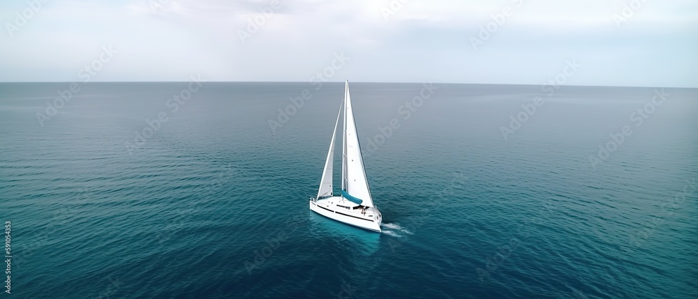 Poster View from the height of the lake with a sailboat.Aerial view. Panoramic shot. Generative AI