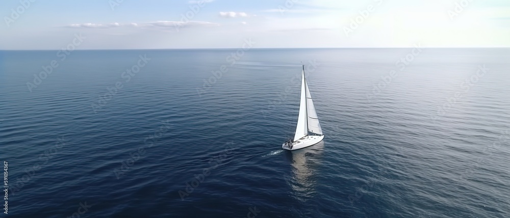 Poster View from the height of the lake with a sailboat.Aerial view. Panoramic shot. Generative AI