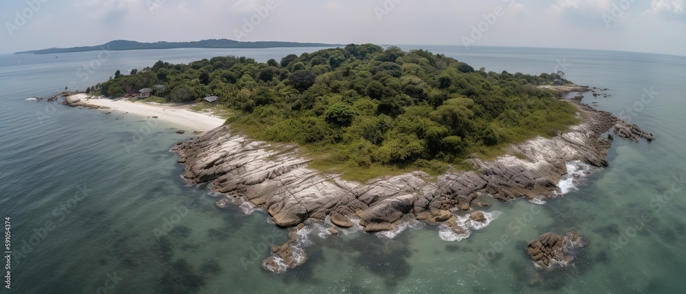 Poster view of the island in the middle of the sea with clear blue water and green palm trees.aerial view. 