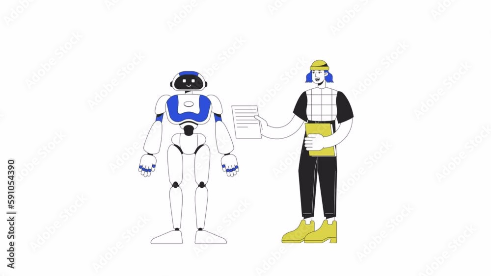 Poster ai machine learning animation. animated ai teacher and robot 2d cartoon flat colour line characters.