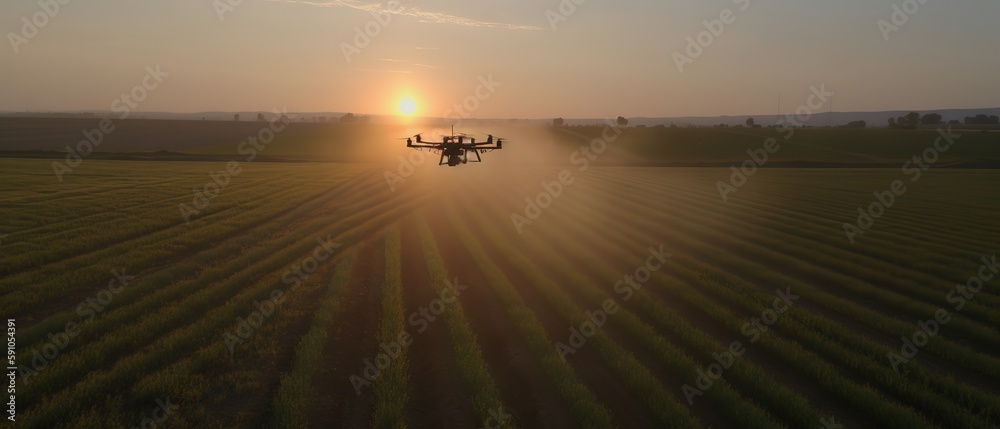 Poster View of the field at sunset with a drone.Aerial view. Panoramic shot. Generative AI
