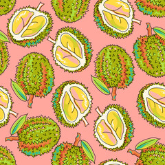 Seamless pattern with durian fruits on a pink background. Whole durian with a leaf and a half. The king of fruits. Hand drawn sketch. Colorful botanical pattern with bright colors. Cartoon Vector.