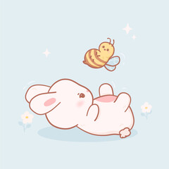 Kawaii bunny playing with bee. Vector Illustration of cute animals in pastel colors and cartoon style
