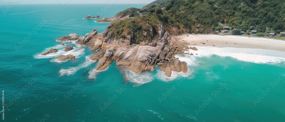 Aufkleber top view of a beautiful tropical beach with sea waves.aerial view. panoramic shot. generative ai