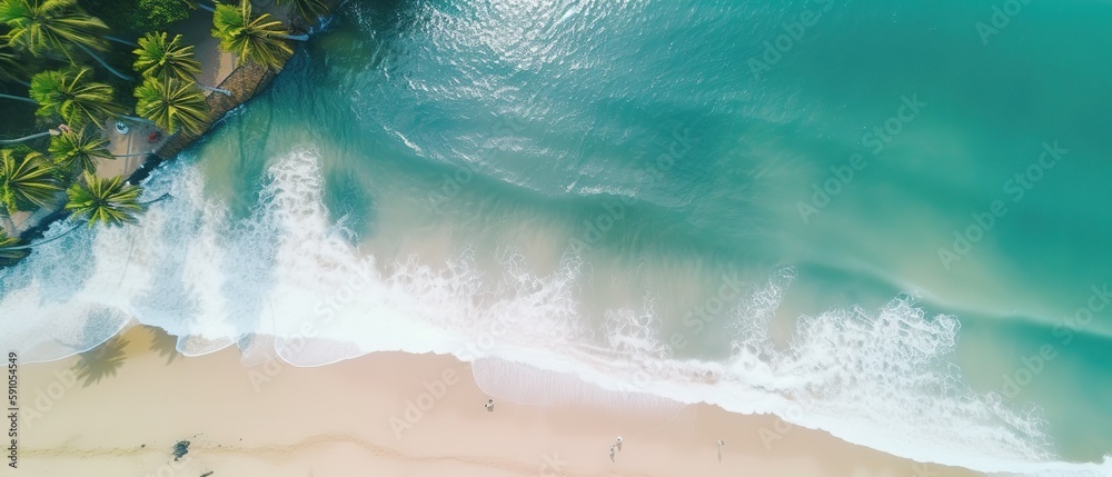 Sticker Top view of a beautiful tropical beach with sea waves.Aerial view. Panoramic shot. Generative AI