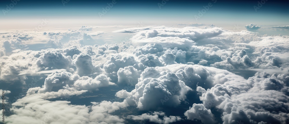 Poster View from the height of the clouds.Aerial view. Panoramic shot. Generative AI