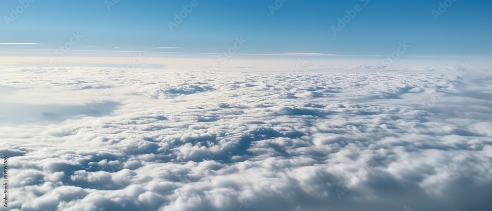 Poster View from the height of the clouds.Aerial view. Panoramic shot. Generative AI