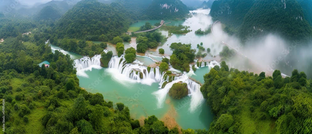 Poster view from the height of the mountains with waterfalls on a sunny day.aerial view. panoramic shot. ge