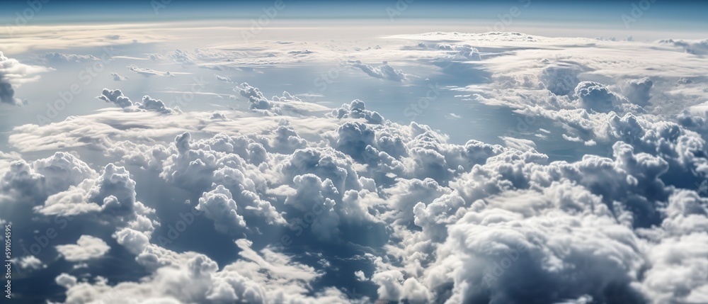 Poster View from the height of the clouds.Aerial view. Panoramic shot. Generative AI