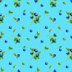 Seamless pattern of forest plants bluebery drawn with markers on a blue background. For fabric, sketchbook cover, wallpaper, print, textile, your design.