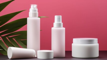 Set of cosmetic products. Palm thin leaf, soft magenta background. Mockup for logo or text.Generative ai. .