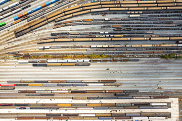 Aerial view of colorful freight trains.