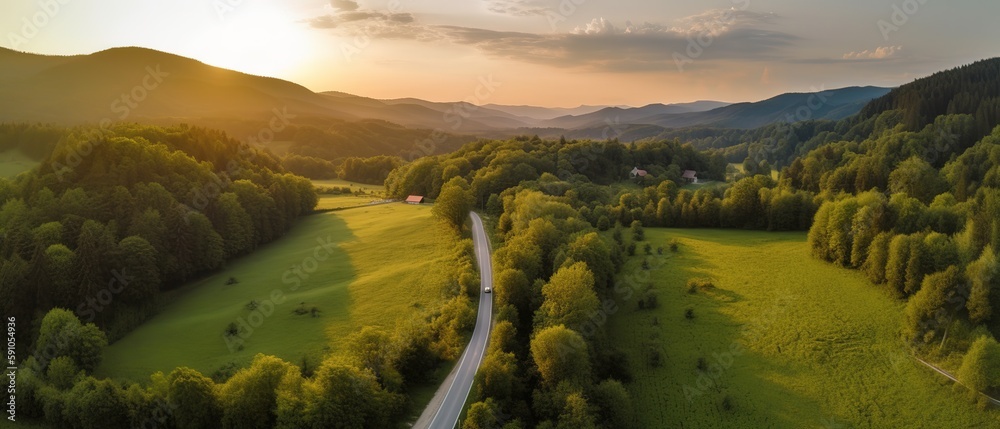 Poster bird's-eye view of the road in the middle of the forest.aerial view. panoramic shot. generative ai