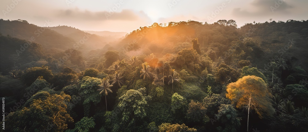 Poster View from the height of the forest in the fog.Aerial view. Panoramic shot. Generative AI