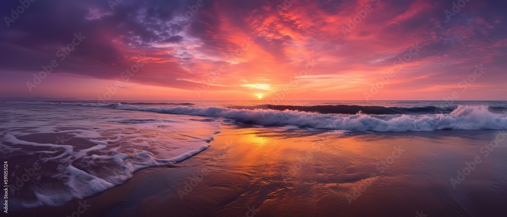 Poster sea view with a beautiful sunset.aerial view. panoramic shot. generative ai