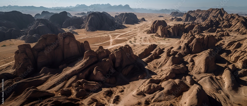 Poster view from the height of the desert in sunny. aerial view. panoramic shot. generative ai