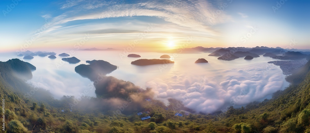 Poster View from the height of the cliff with clouds and the sun.Aerial view. Panoramic shot. Generative AI