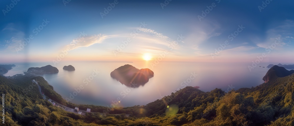 Poster View from the height of the cliff with clouds and the sun.Aerial view. Panoramic shot. Generative AI