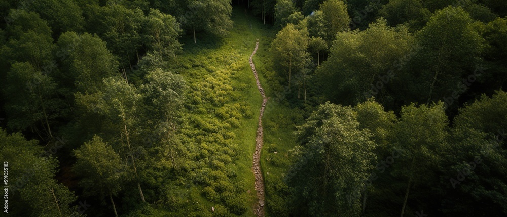 Aufkleber bird's-eye view of the road in the middle of the forest.aerial view. panoramic shot. generative ai