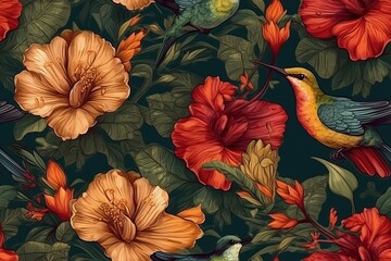 Seamless Hummingbird background pattern, blooming hibiscus with green leaves. Green background. Generative AI illustration.