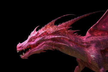 Head of Pink fantasy dragon. Mythological creatures. Fantastic monster. Ancient reptile. Dark background. 3D vector illustration. Image. Digital painting.