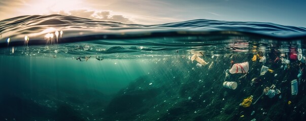 Plastic bottles and plastic bags floating in ocean. Ocean pollution ecology concept. Generative AI.