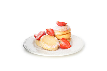 Concept of tasty sweet food, cheese pancakes, isolated on white background