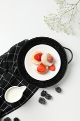 Concept of tasty sweet food, cheese pancakes, top view