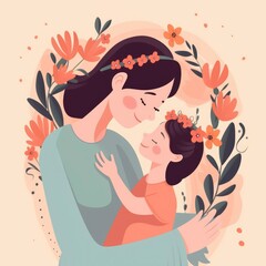 A mother and her baby are hugging each other. Flat Illustration. Children's Book. Happy Mothers Day Generative AI