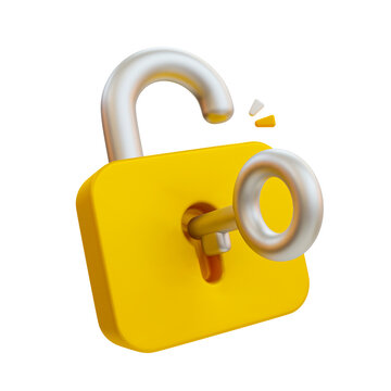 3d minimal data security system. private data accessing. unlocked padlock with key. 3d illustration.