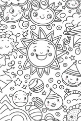 sun, rain, planets, children's coloring book