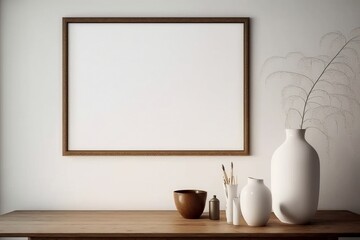 Fototapeta na wymiar Minimalist White Wall Mockup, Brown Blank Picture Frame, White Vase, Generated by AI