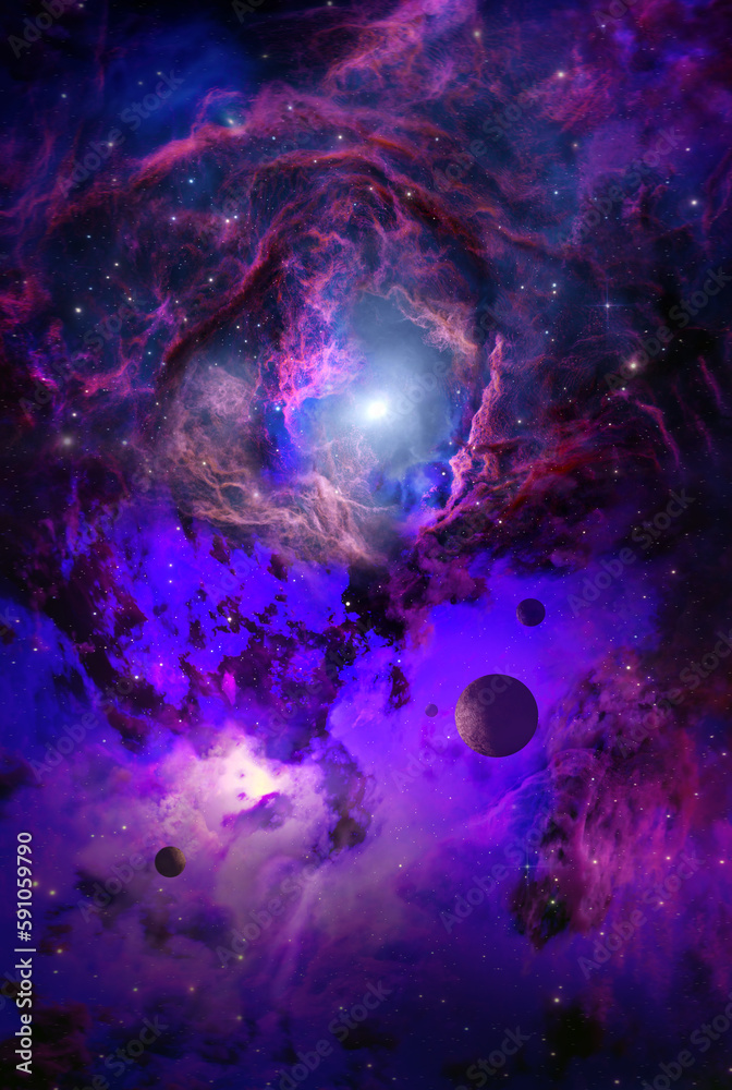 Wall mural nebula in outer space, planets and galaxy, 3d animation